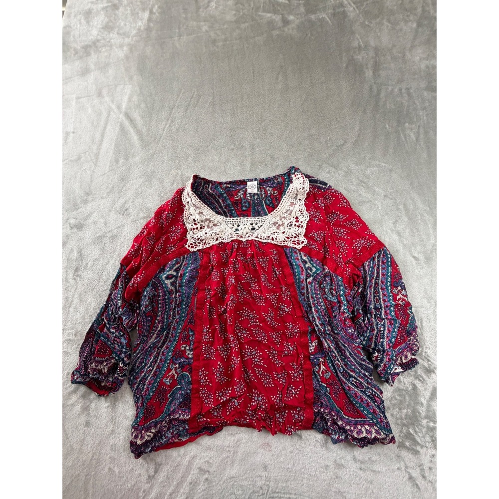 Bila Blouse Women XXL Red Paisley Lace Trim Boho Peasant Top F0467